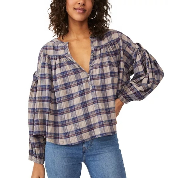 Free People We The Free Jessi Plaid Pleated Trapeze Top Balloon Sleeves Large - Picture 1 of 16